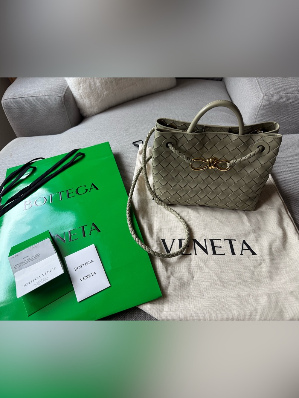 Bottega Veneta Olive Green Intrecciato Woven Shoulder Bag with Gold Hardware